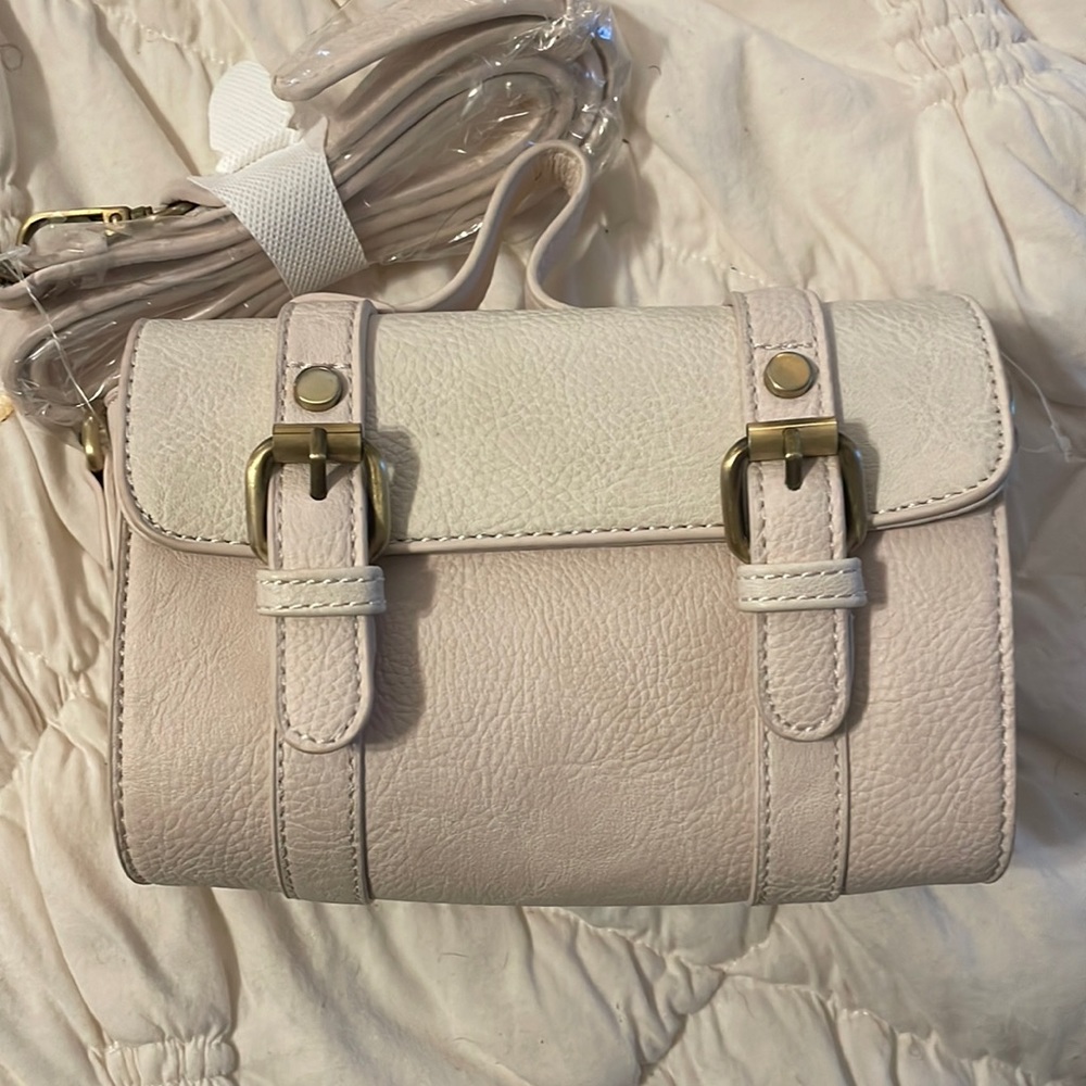 NWT Cream Faux Leather Anthro crossbody bag. Detachable strap